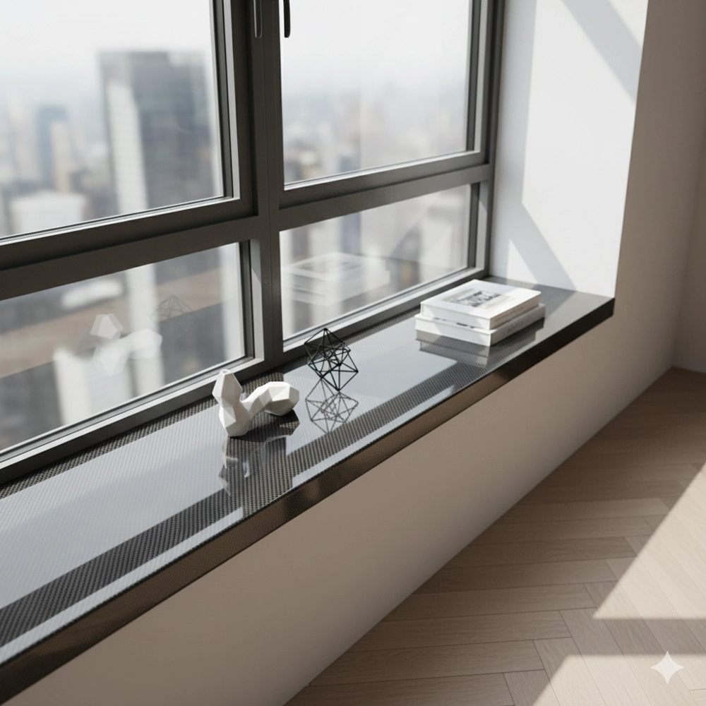 Parapet z płyty węglowej przy dużym oknie z dekoracyjnymi figurkami i książkami