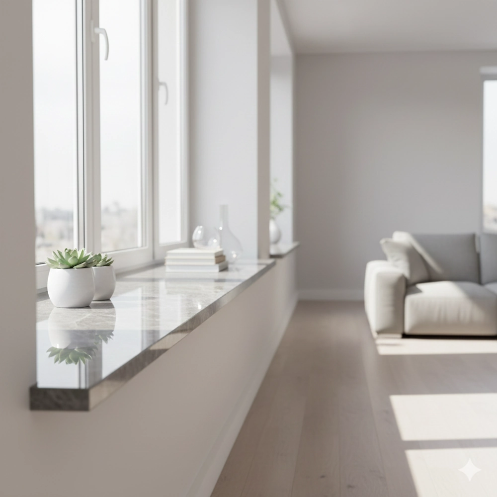 Jasny kwarcowy parapet ozdobiony doniczkami z sukulentami i minimalistyczną dekoracją Parapety