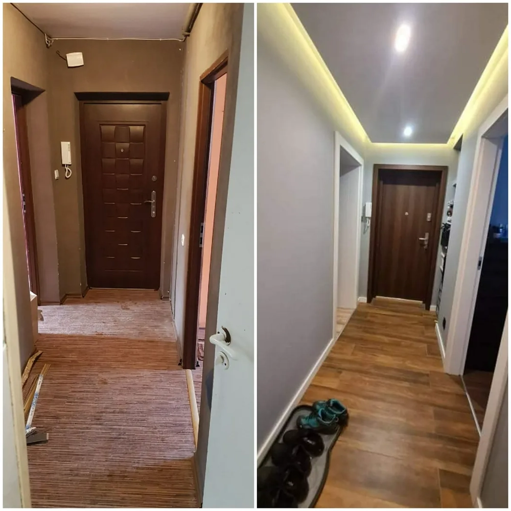 Układanie paneli: jasny korytarz z nową podłogą panelową, podwieszanym sufitem z LED-owym oświetleniem