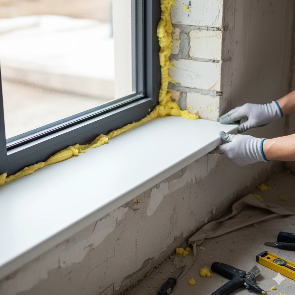 Parapety: montaż białego parapetu wewnętrznego pod oknem, uszczelnionego żółtą pianką