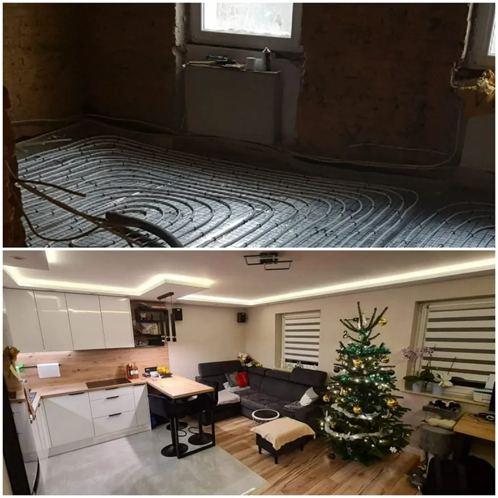 Remont kuchni: przestronna kuchnia z drewnianym blatem, szarą sofą i oświetleniem LED