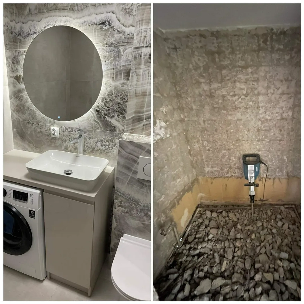 Remont łazienki: elegancka umywalka z podświetlanym lustrem i zabudowaną pralką oraz wyburzenia posadzki z rozbitym betonem i młotem udarowym