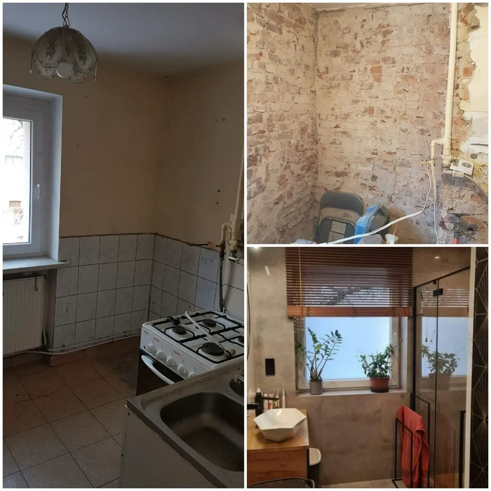 Stara kuchnia przed remontem kuchni z zerwanymi płytkami, blatem i starym piecykiem