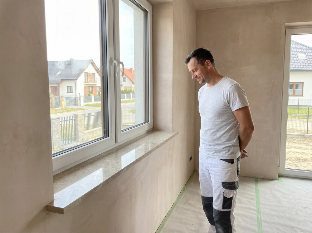 Mężczyzna ocenia gładko tynkowane wnętrze przy oknie, Tynkowanie