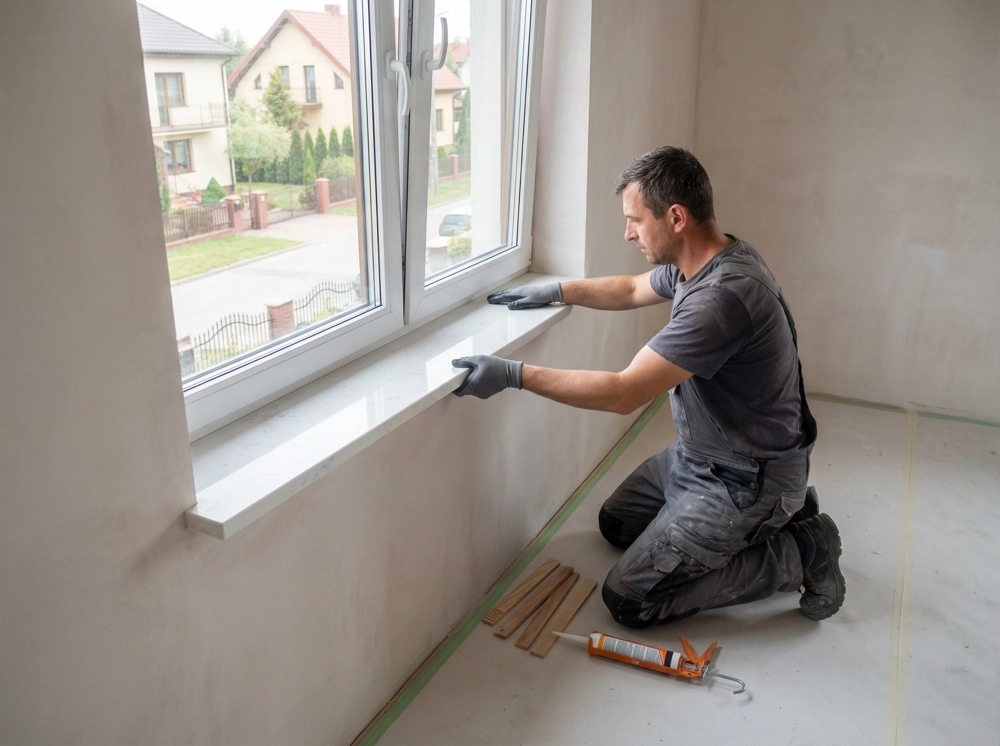 Pracownik montuje biały kamienny parapet przy dużym oknie w wyremontowanym wnętrzu