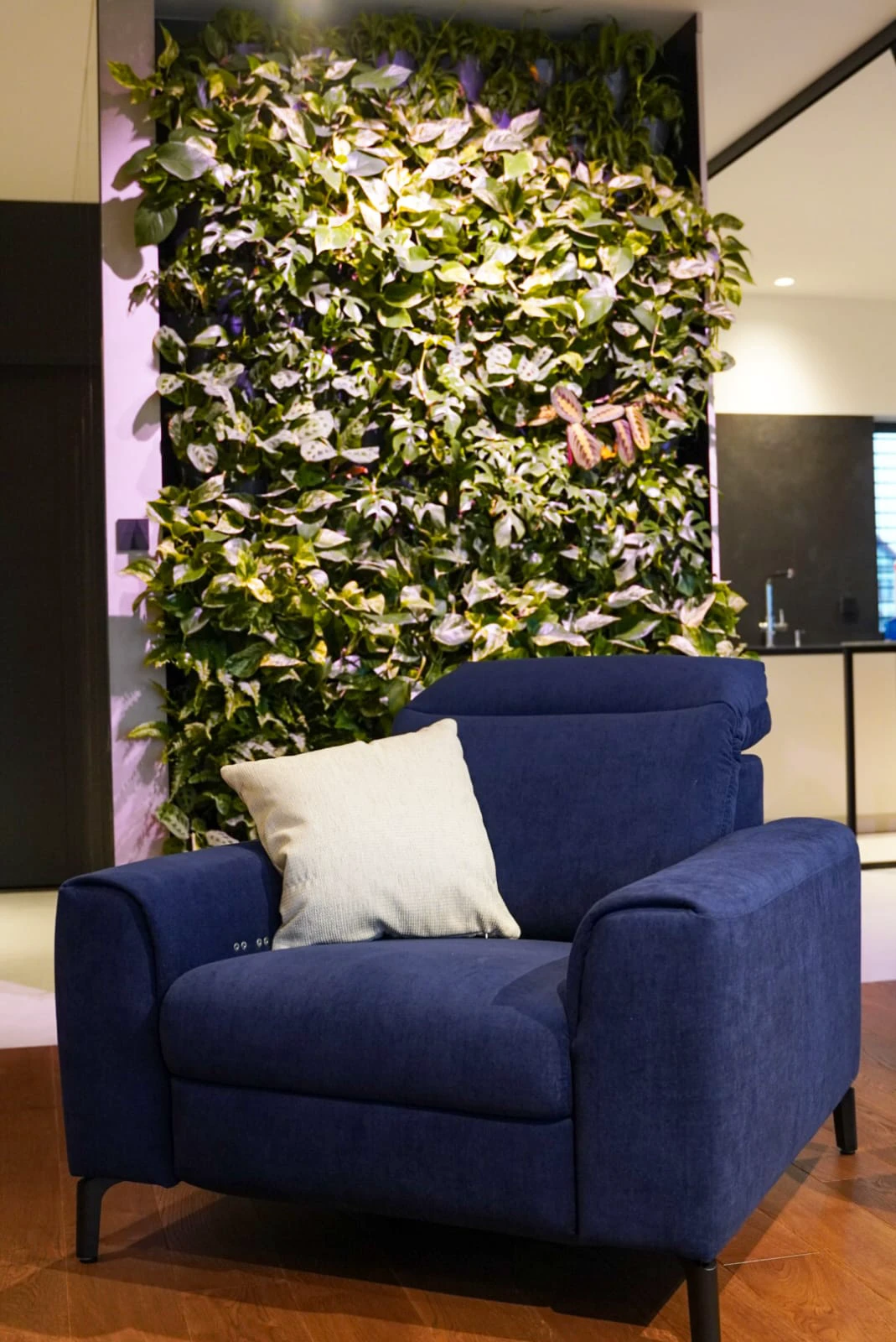 Nowoczesny granatowy fotel z jasną poduszką na tle zielonej ściany roślin – aranżacja wnętrz