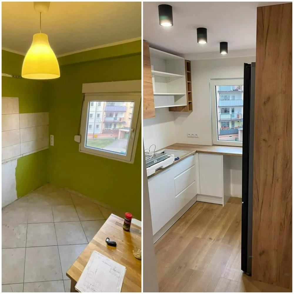 Przekształcony kącik wąskiej kuchni: surowe ściany zastąpione białymi szafkami i drewnianym blatem. Remont kuchni