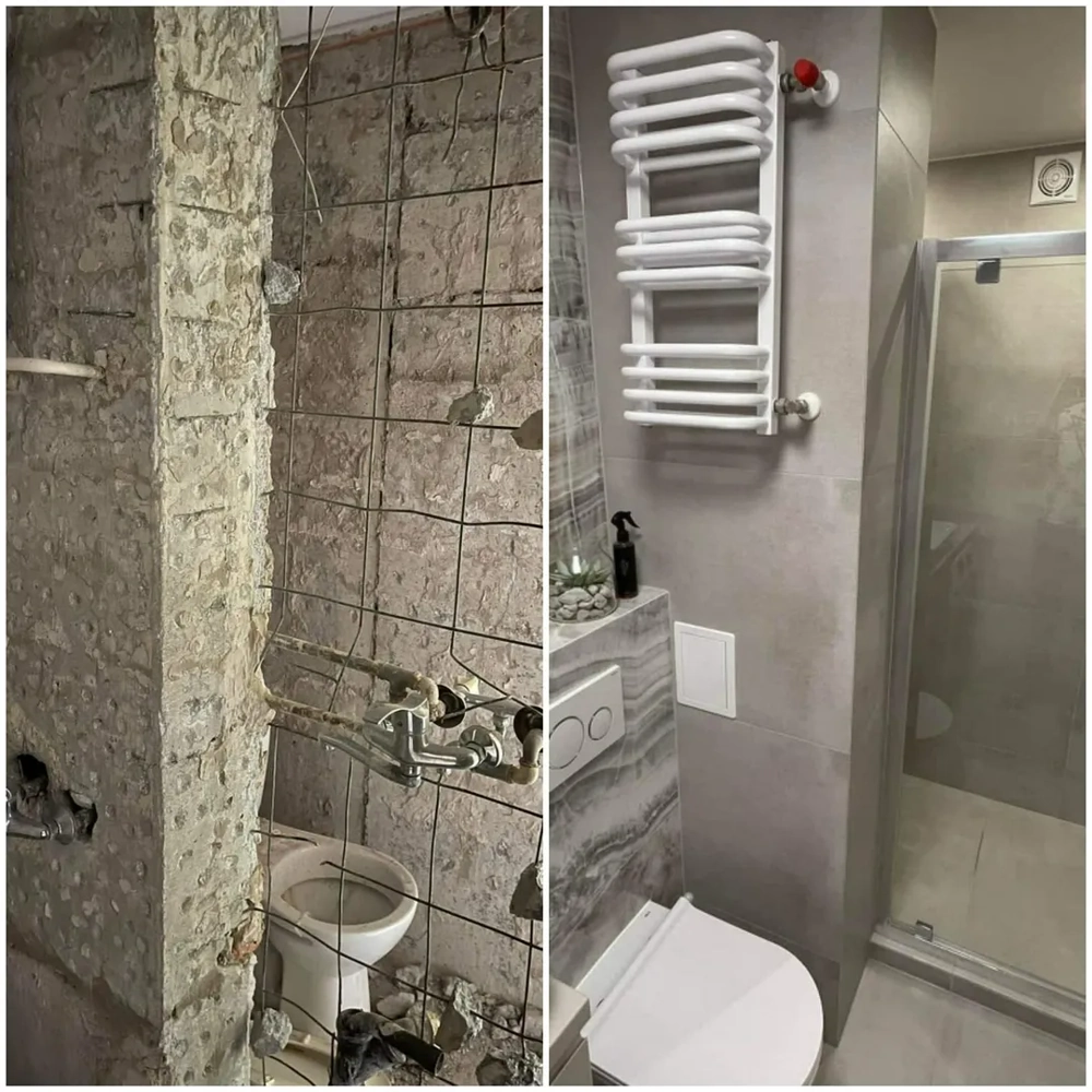Zdjęcie łazienki: po lewej wyburzona ściana z rurami, po prawej efekt końcowy z kabiną prysznicową – Remont łazienki