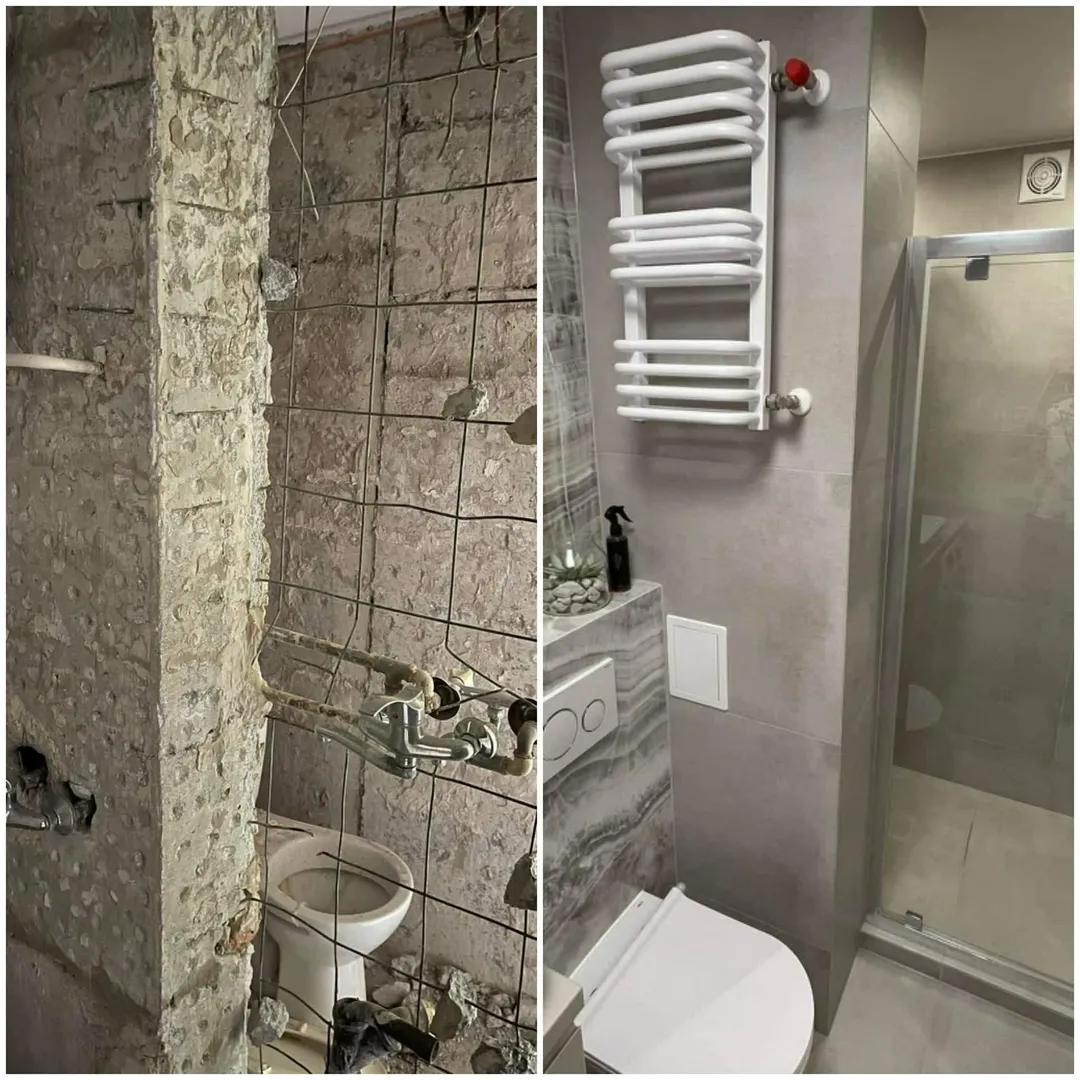 Przed i po remont łazienki: odsłonięte rury instalacji wod-kan i wykończone wnętrze z szarymi płytkami