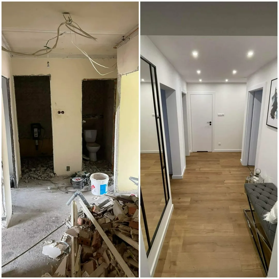 Przed i po układaniu paneli – zburzony korytarz z gruzem po lewej i wykończony hol z drewnianą podłogą panelową i zabudowanym sufitem