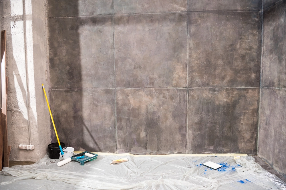 Puste pomieszczenie z zabezpieczonym plastikiem na podłodze, wałkiem i wiadrem przygotowane do szpachlowania ścian