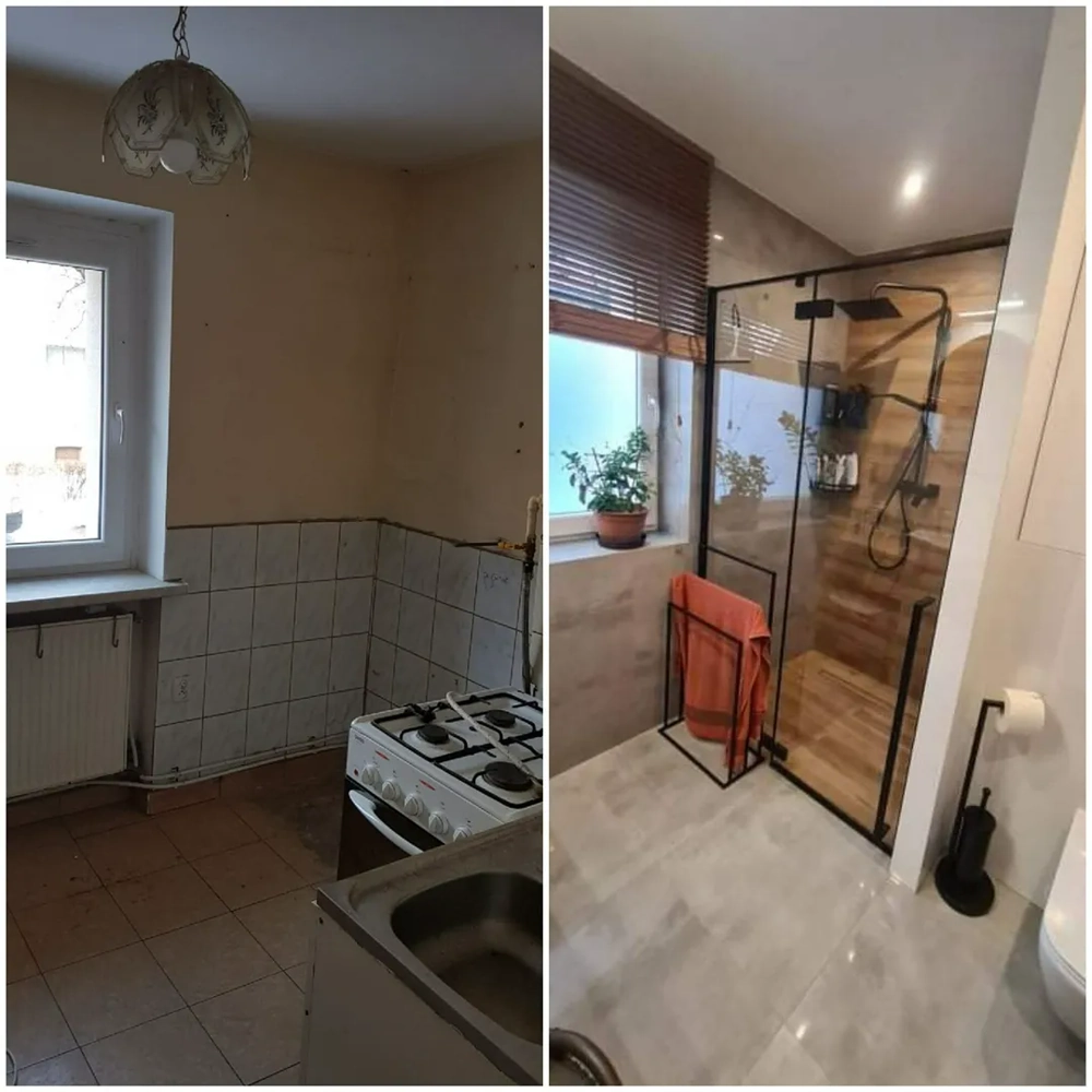 Remont łazienki – porównanie stanu przed i po: szklana kabina prysznicowa, drewnopodobne i szare płytki